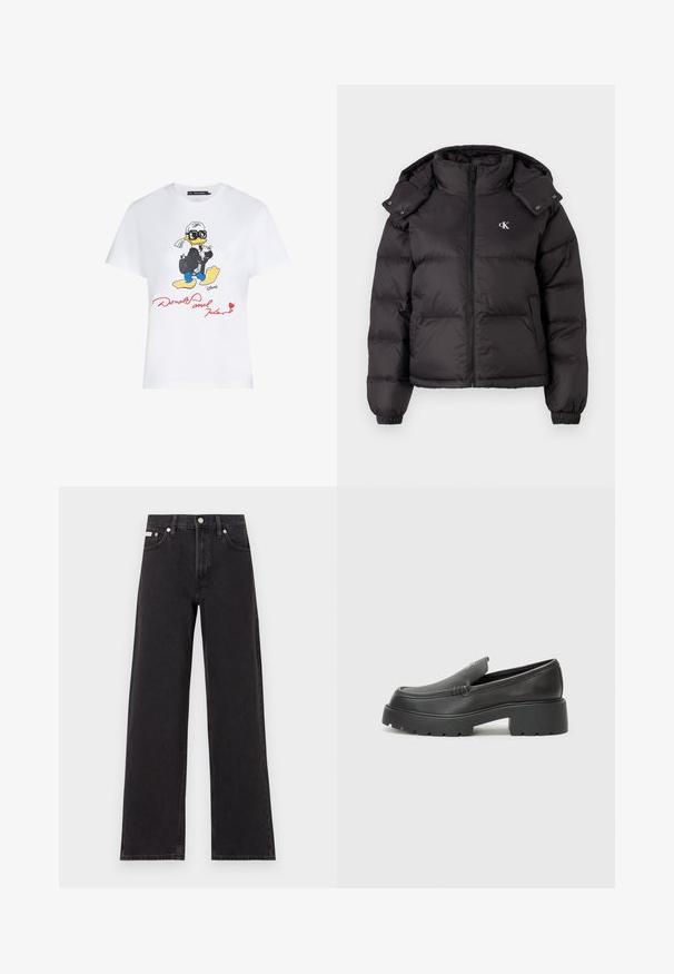 Black puffer jacket with a high collar, zip closure, and an embroidered logo on the chest. Features elastic cuffs and a detachable hood.; White cotton t-shirt featuring a colorful cartoon illustration of a duck in a suit with sunglasses, and red text reading "Donald and Karl."; Black wide-leg jeans made of denim, featuring a high-rise waist, five-pocket styling, and a metal button closure with contrasting stitching.; Black leather loafers with a rounded toe, thick textured sole, and minimal stitching details. Sleek design with no visible laces or hardware.