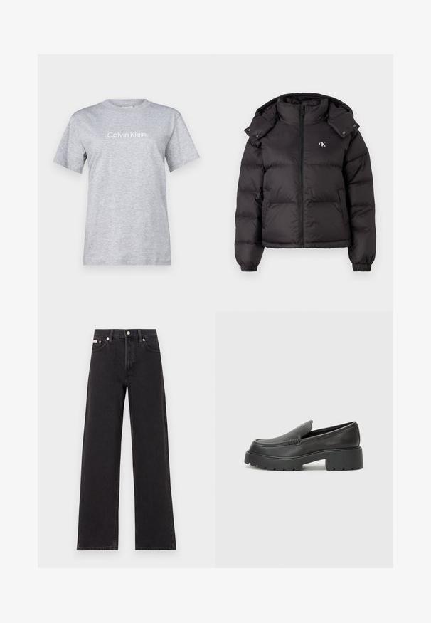 Black puffer jacket with a high collar, zip closure, and an embroidered logo on the chest. Features elastic cuffs and a detachable hood.; Calvin Klein HERO LOGO REGULAR - Print T-shirt - light grey; Black wide-leg jeans made of denim, featuring a high-rise waist, five-pocket styling, and a metal button closure with contrasting stitching.; Black leather loafers with a rounded toe, thick textured sole, and minimal stitching details. Sleek design with no visible laces or hardware.