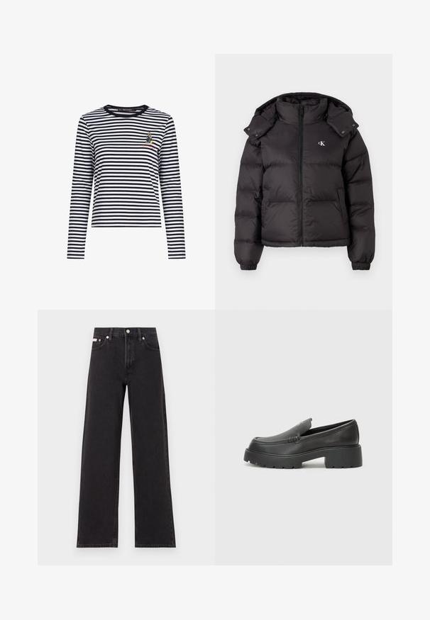 Črna puhovka z visokim ovratnikom, zadrgo in izvezenim logotipom na prsih. Ima elastične manšete in snemljiv kapuco.; Črna in bela prugasta srajca s dolgimi rokavi, okroglo izrezano, z majhno vezeno figuro na prsih. Mehka tkanina.; Črne široke jeans hlače iz denima, s poudarjenim pasom, petimi žepi in kovinskim gumbom za zapiranje ter kontrastnim šivanjem.; Črne usnjene loafers čevlje z zaobljenim nosom, debelim teksturiranim podplatom in minimalnimi šivi. Elegantna zasnova brez vidnih vezalk ali kovinskih delov.