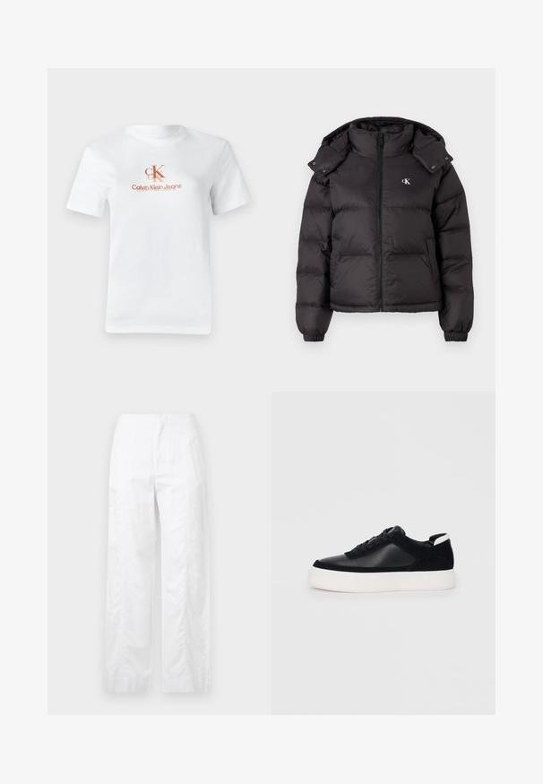 Black puffer jacket with a high collar, zip closure, and an embroidered logo on the chest. Features elastic cuffs and a detachable hood.; White cotton t-shirt with short sleeves. Features a printed logo in light brown: "CK" above "Calvin Klein Jeans" text. Classic crew neck design.; White wide-leg trousers made of lightweight fabric, featuring a smooth texture, clean lines, and a high waist design.; Black sneaker with smooth leather and suede panels, flat laces, rounded toe, and a white rubber sole. Distinct logo on the heel.