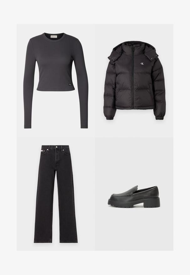 Black puffer jacket with a high collar, zip closure, and an embroidered logo on the chest. Features elastic cuffs and a detachable hood.; Long-sleeve, cropped top in dark gray ribbed fabric with a round neckline and a small logo patch at the hem. Smooth texture, fitted design.; Black wide-leg jeans made of denim, featuring a high-rise waist, five-pocket styling, and a metal button closure with contrasting stitching.; Black leather loafers with a rounded toe, thick textured sole, and minimal stitching details. Sleek design with no visible laces or hardware.
