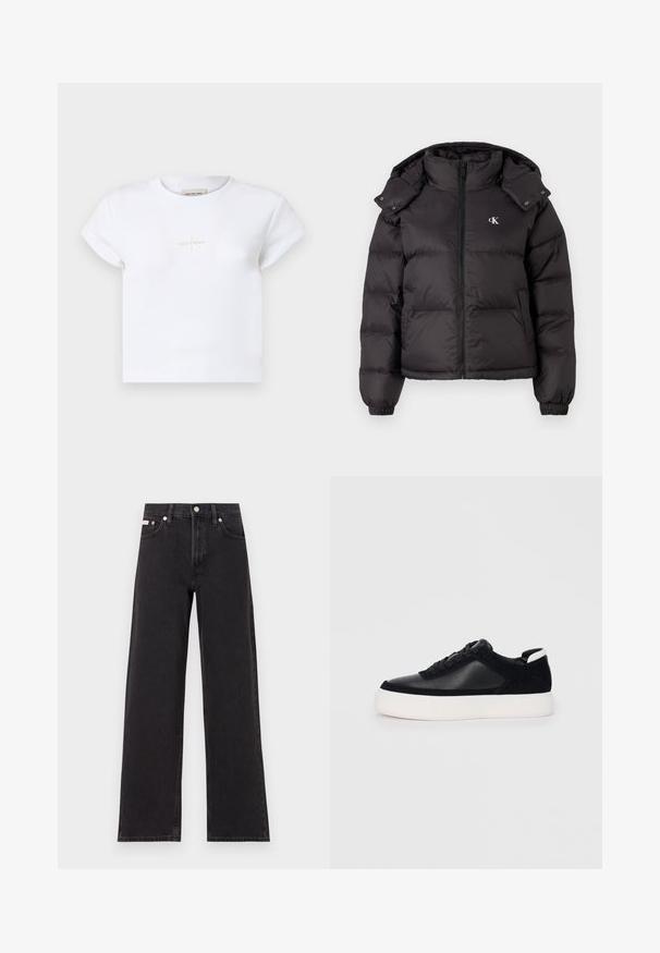 Black puffer jacket with a high collar, zip closure, and an embroidered logo on the chest. Features elastic cuffs and a detachable hood.; White cotton crop t-shirt with short sleeves, featuring a subtle gold "Calvin Klein" logo on the front and a rounded neckline.; Black wide-leg jeans made of denim, featuring a high-rise waist, five-pocket styling, and a metal button closure with contrasting stitching.; Black sneaker with smooth leather and suede panels, flat laces, rounded toe, and a white rubber sole. Distinct logo on the heel.