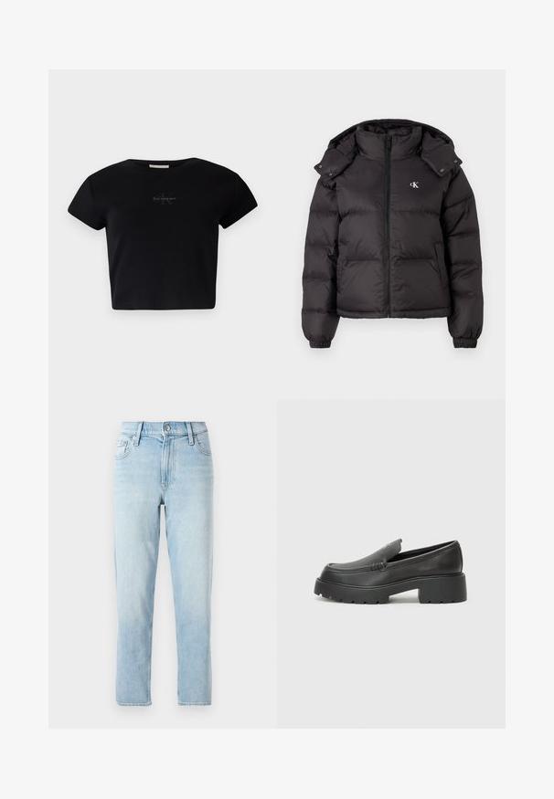 Svart puffjakke med høyt krage, glidelås lukking og brodert logo på brystet. Har elastiske mansjetter og avtagbar hette.; Svart ribbestrikket kortermet crop topp laget av mykt materiale, med en subtil Calvin Klein-logo i midten. Enkel, klassisk design.; Lyseblå denimjeans, rett ben-design, midjehøyde, med fem lommer og en knappelukking foran.; Sorte skinnloafers med rund tå, tykk teksturert såle og minimale sømdetaljer. Strømlinjeformet design uten synlige snørebånd eller hardvarer.