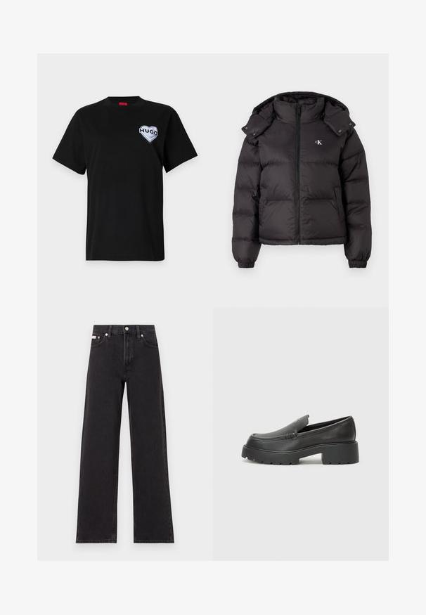 Čierna bundá z materiálu puffer s vysokým golierom, zipsom a vyšitým logom na hrudi. Má elastické manžety a odnímateľnú kapucňu.; Čierne bavlnené tričko s okrúhlym výstrihom a krátkymi rukávmi, s bielym srdcovým logom "HUGO" na ľavej hrudi.; Čierne široké džínsy vyrobené z denimu, s vysokým pásom, piatimi vreckami a kovovým zapínaním s kontrastným šitím.; Čierne kožené mokasíny s okrúhlou špičkou, hrubou textúrovanou podrážkou a minimom stehovej výzdoby. Štíhly dizajn bez viditeľných šnúr alebo kovania.