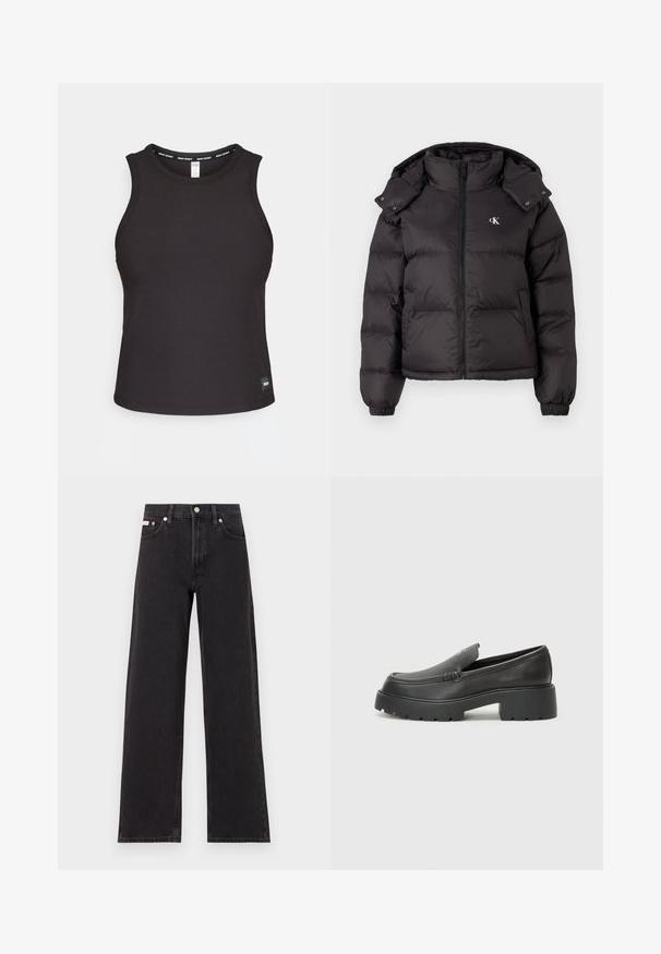 Casaco puffer preto com gola alta, fecho por zip e um logótipo bordado no peito. Possui punhos elásticos e capuz destacável.; Camisola preta de alças canelada, com decote redondo, design sem mangas e um rótulo de marca na bainha. Textura suave e molde ajustado.; Jeans de perna larga pretos feitos de denim, apresentando uma cintura alta, estilo de cinco bolsos e um fecho em botão de metal com costura contrastante.; Mocassins de couro preto com bico arredondado, sola espessa e texturizada, e detalhes de costura minimalistas. Design elegante sem atacadores ou ferragens visíveis.