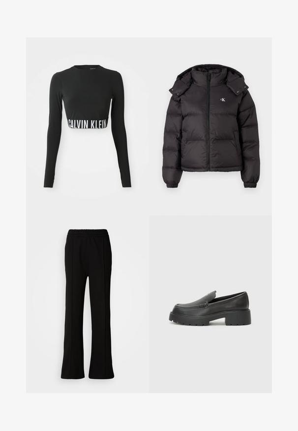 Svart puffjakke med høyt krage, glidelås lukking og brodert logo på brystet. Har elastiske mansjetter og avtagbar hette.; Svart langermet crop topp med høy hals og hvit "Calvin Klein" logo-bånd rundt livet.; Svarte elastiske bukser med vide ben, med rene linjer og uten synlige detaljer. Laget av et glatt, elastisk stoff.; Sorte skinnloafers med rund tå, tykk teksturert såle og minimale sømdetaljer. Strømlinjeformet design uten synlige snørebånd eller hardvarer.