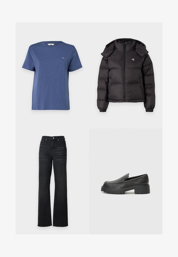 Svart puffjakke med høyt krage, glidelås lukking og brodert logo på brystet. Har elastiske mansjetter og avtagbar hette.; GANT PRINTED ARCHIVE SHIELD - T-shirts - dusty navy; Sorte denim vide bukser med høj talje, fem-lomme design og sølv metalknap. Stoffer har en glat tekstur og let stræk.; Sorte skinnloafers med rund tå, tykk teksturert såle og minimale sømdetaljer. Strømlinjeformet design uten synlige snørebånd eller hardvarer.