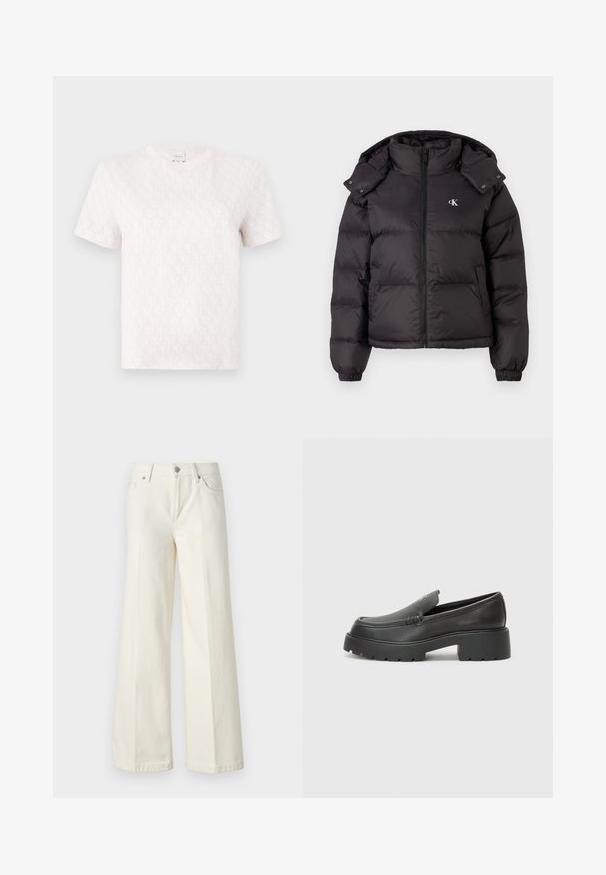 Schwarze Pufferjacke mit hohem Kragen, Reißverschluss und gesticktem Logo auf der Brust. Verfügt über elastische Bündchen und eine abnehmbare Kapuze.; Kurzärmliges, cremefarbenes T-Shirt aus Baumwolle mit einem dezenten Allover-Monogramm-Muster. Es hat einen runden Ausschnitt und eine lässige Passform.; Weite weiße Jeans aus einem Baumwollmischgewebe. Verfügt über einen Reißverschluss, ein Fünf-Taschen-Design und Nähte entlang der Säume.; Schwarze Lederloafer mit einer abgerundeten Spitze, dicker strukturierten Laufsohle und minimalen Nähten. Schlankes Design ohne sichtbare Schnürsenkel oder Beschläge.
