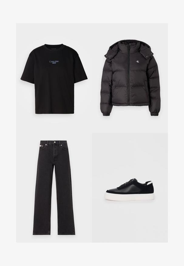Czarna kurtka puchowa z wysokim kołnierzem, zapięciem na zamek błyskawiczny oraz haftowanym logo na piersi. Ma elastyczne mankiety i odpinany kaptur.; Czarna bawełniana koszulka z okrągłym dekoltem, krótkimi rękawami i niebieskim haftowanym logo "Calvin Klein JEANS" z przodu.; Czarne dżinsy o szerokich nogawkach, wykonane z denimu, z wysokim stanem, pięcioma kieszeniami oraz metalowym zapięciem z kontrastowym szwem.; Czarne sneakersy z gładkiej skóry i zamszowymi panelami, płaskimi sznurowadłami, zaokrąglonym noskiem i białą gumową podeszwą. Wyraźne logo na pięcie.