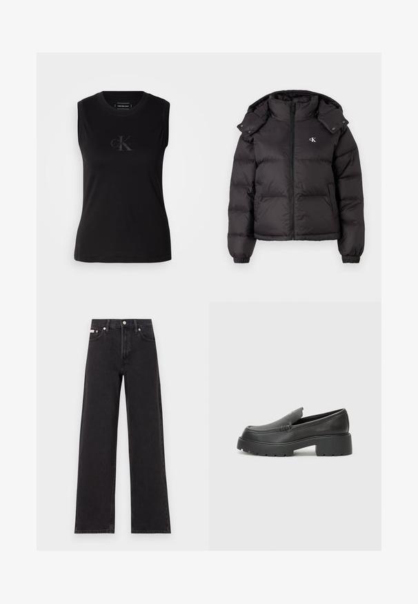 Casaco puffer preto com gola alta, fecho por zip e um logótipo bordado no peito. Possui punhos elásticos e capuz destacável.; T-shirt preta sem mangas feita de algodão, com decote redondo e um discreto logótipo em relevo no peito. Textura suave.; Jeans de perna larga pretos feitos de denim, apresentando uma cintura alta, estilo de cinco bolsos e um fecho em botão de metal com costura contrastante.; Mocassins de couro preto com bico arredondado, sola espessa e texturizada, e detalhes de costura minimalistas. Design elegante sem atacadores ou ferragens visíveis.