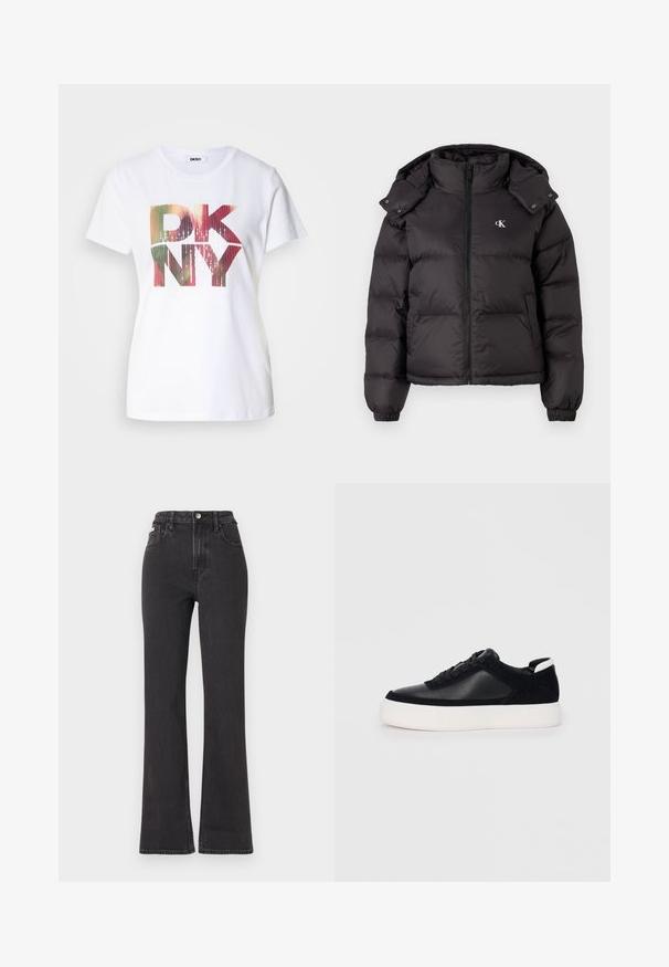 Chaqueta tipo puff negra con un cuello alto, cierre de cremallera y un logotipo bordado en el pecho. Presenta puños elásticos y una capucha desmontable.; Camiseta de algodón blanca con un gran logo "DKNY" colorido que presenta un efecto de degradado y acentos brillantes. Diseño clásico de cuello redondo.; Jeans de cintura alta negros en tejido de mezclilla, con cierre de botón, presillas para cinturón y bolsillos laterales. Textura suave con un desvanecimiento mínimo.; Zapatilla negra con paneles de cuero liso y de ante, cordones planos, punta redondeada y una suela de goma blanca. Logotipo distintivo en el talón.