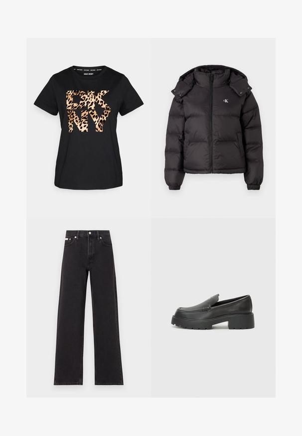 Juodas pūkinis švarkas su aukštu apykakle, užtrauktuko uždarymu ir išsiuvinėtu logotipu ant krūtinės. Yra elastingi rankogaliai ir nuimama gobtuvė.; Juodas medvilninis marškinėliai su dideliu leopardų rašto "DKNY" logotipu centre. Dizainas apima klasikinį apvalų kaklą ir trumpas rankoves.; Juodos plačios kojų džinsai, pagaminti iš džinsinio audinio, su aukštu liemeniu, penkių kišenių stiliumi ir metaline sagte su kontrastingo siuvimo detalėmis.; Juodi odiniai loaferiai su apvaliu pirštu, storu tekstūruotu padu ir minimaliu siūlių dekoru. Išskirtinis dizainas be matomų raištelių ar furnitūros.
