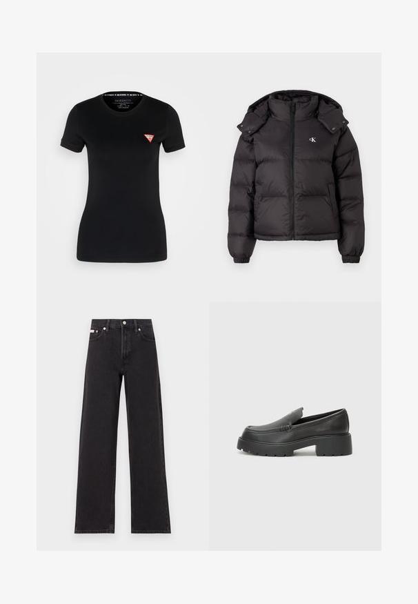 Casaco puffer preto com gola alta, fecho por zip e um logótipo bordado no peito. Possui punhos elásticos e capuz destacável.; Camiseta preta de manga curta feita de algodão, com um pequeno logótipo triangular vermelho na área do peito esquerdo e um decote redondo padrão.; Jeans de perna larga pretos feitos de denim, apresentando uma cintura alta, estilo de cinco bolsos e um fecho em botão de metal com costura contrastante.; Mocassins de couro preto com bico arredondado, sola espessa e texturizada, e detalhes de costura minimalistas. Design elegante sem atacadores ou ferragens visíveis.