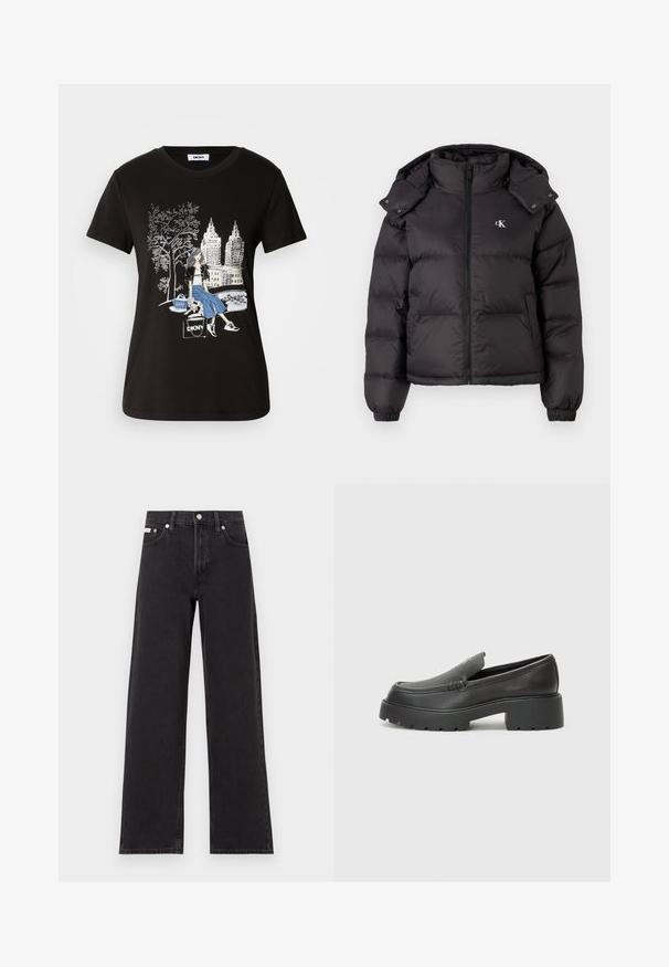 Črna puhovka z visokim ovratnikom, zadrgo in izvezenim logotipom na prsih. Ima elastične manšete in snemljiv kapuco.; Črna bombažna majica s grafičnim dizajnom ženske, ki ima drevo in mestno pokrajino, poudarja kontrastne barve in zapletene detajle.; Črne široke jeans hlače iz denima, s poudarjenim pasom, petimi žepi in kovinskim gumbom za zapiranje ter kontrastnim šivanjem.; Črne usnjene loafers čevlje z zaobljenim nosom, debelim teksturiranim podplatom in minimalnimi šivi. Elegantna zasnova brez vidnih vezalk ali kovinskih delov.