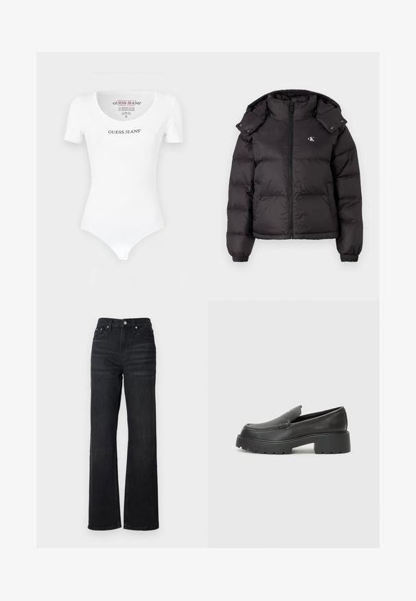 Black puffer jacket with a high collar, zip closure, and an embroidered logo on the chest. Features elastic cuffs and a detachable hood.; White fitted bodysuit made of cotton, featuring a scoop neckline and short sleeves. Includes a discreet snap closure at the bottom.; Black denim wide-leg jeans with a high waist, five-pocket design, and silver metal button. Fabric has a smooth texture and slight stretch.; Black leather loafers with a rounded toe, thick textured sole, and minimal stitching details. Sleek design with no visible laces or hardware.