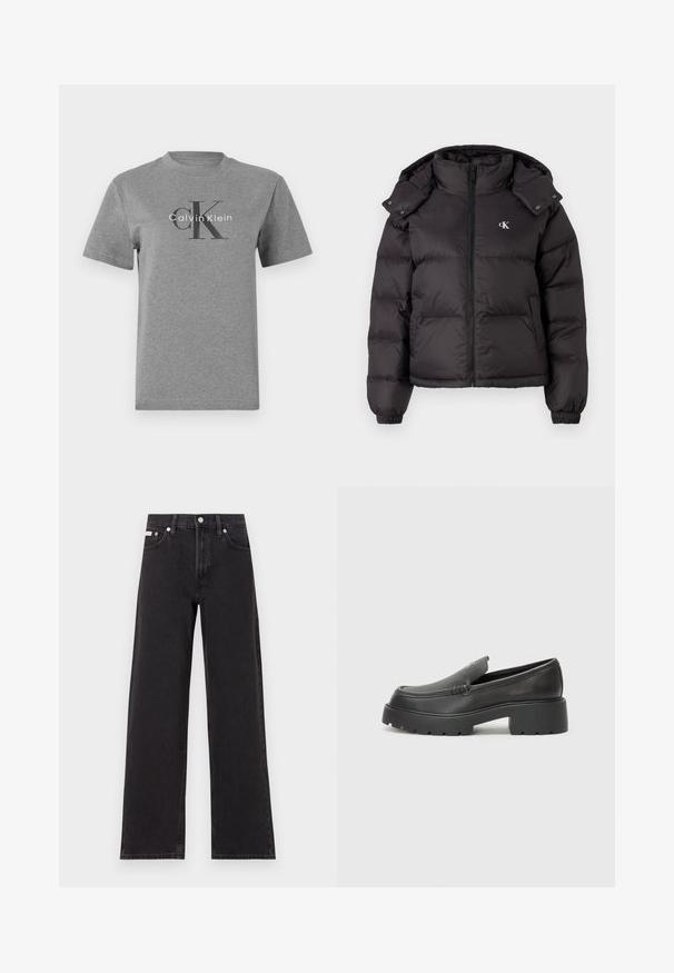 Black puffer jacket with a high collar, zip closure, and an embroidered logo on the chest. Features elastic cuffs and a detachable hood.; Grey cotton t-shirt with a crew neck, short sleeves, featuring a black "CK" logo and "Calvin Klein" text in white.; Black wide-leg jeans made of denim, featuring a high-rise waist, five-pocket styling, and a metal button closure with contrasting stitching.; Black leather loafers with a rounded toe, thick textured sole, and minimal stitching details. Sleek design with no visible laces or hardware.