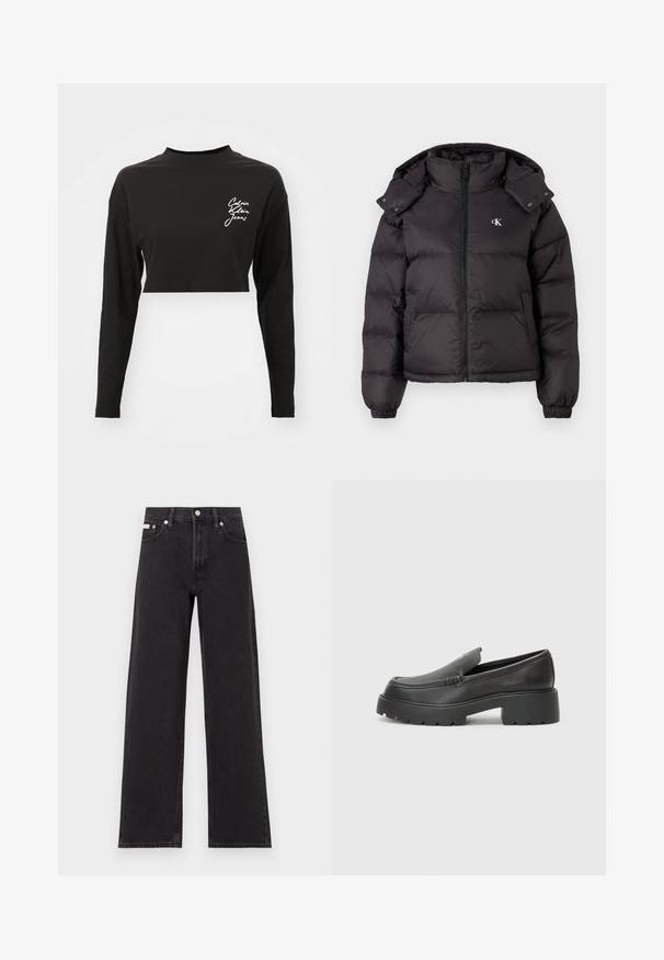 Black puffer jacket with a high collar, zip closure, and an embroidered logo on the chest. Features elastic cuffs and a detachable hood.; Black long-sleeve crop top made of soft cotton, featuring a high neckline and a white logo on the left chest area.; Black wide-leg jeans made of denim, featuring a high-rise waist, five-pocket styling, and a metal button closure with contrasting stitching.; Black leather loafers with a rounded toe, thick textured sole, and minimal stitching details. Sleek design with no visible laces or hardware.