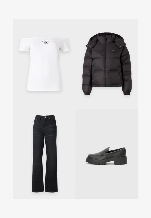 Black puffer jacket with a high collar, zip closure, and an embroidered logo on the chest. Features elastic cuffs and a detachable hood.; White off-the-shoulder T-shirt, short sleeves, cotton material, features black "CK" logo and text printed on the front. Smooth texture.; Black denim wide-leg jeans with a high waist, five-pocket design, and silver metal button. Fabric has a smooth texture and slight stretch.; Black leather loafers with a rounded toe, thick textured sole, and minimal stitching details. Sleek design with no visible laces or hardware.