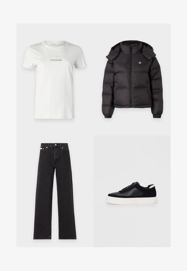 Čierna bundá z materiálu puffer s vysokým golierom, zipsom a vyšitým logom na hrudi. Má elastické manžety a odnímateľnú kapucňu.; Biela bavlnená tričko s krátkymi rukávmi a okrúhlym výstrihom, so malým, vyšívaným logom "Calvin Klein Jeans" v tmavohnedej farbe. Jednoduchý dizajn.; Čierne široké džínsy vyrobené z denimu, s vysokým pásom, piatimi vreckami a kovovým zapínaním s kontrastným šitím.; Čierne tenisky s hladkou kožou a semišovými panelmi, plochými šnúrkami, zaoblenou špičkou a bielou gumovou podrážkou. Výrazné logo na päte.