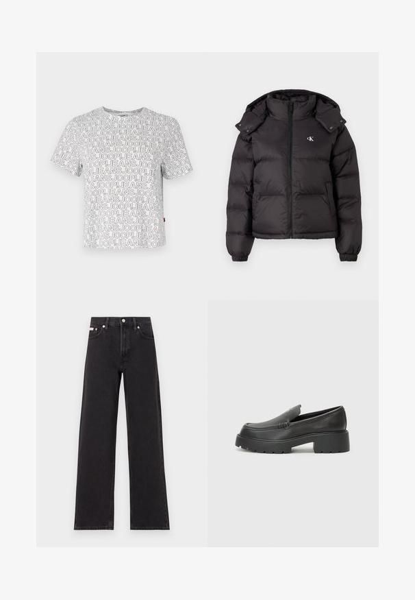 Must must vest, mille kõrge kaelusega, lukuga ja tikkimisega logo rinnal. Omab elastseid mansette ja eemaldatavat kapuutsit.; Valge lühikeste varrukatega T-särk, millel on musta värvi kogu pinna kattev korduv muster tekstiga "JOOP! JEANS", millel on punane aktsent allääres.; Mustad laiad mustad teksad, millel on kõrge vöökoht, viie tasku stiil ja metallist nööpkinnitus kontrastsete õmblustega.; Mustad nahast loafers ümarate varvastega, paksu tekstuuriga tald ja minimaalsete õmbluse detailidega. Viimistletud disain, kus pole nähtavaid paelu ega riistu.