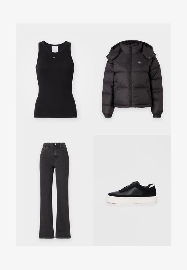 Black puffer jacket with a high collar, zip closure, and an embroidered logo on the chest. Features elastic cuffs and a detachable hood.; Black cotton tank top with a fitted design, round neckline, and logo "ck" printed in white on the chest, featuring a smooth texture.; Black high-waisted flared jeans made of denim, featuring a button closure, belt loops, and side pockets. Smooth texture with minimal fading.; Black sneaker with smooth leather and suede panels, flat laces, rounded toe, and a white rubber sole. Distinct logo on the heel.