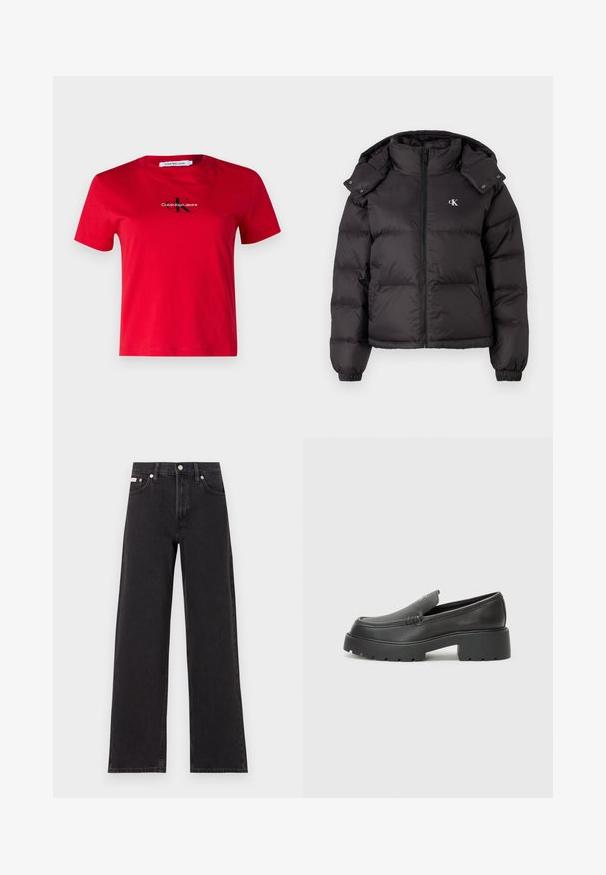 Black puffer jacket with a high collar, zip closure, and an embroidered logo on the chest. Features elastic cuffs and a detachable hood.; Calvin Klein Jeans MONOLOGO BABY TEE - Print T-shirt - red; Black wide-leg jeans made of denim, featuring a high-rise waist, five-pocket styling, and a metal button closure with contrasting stitching.; Black leather loafers with a rounded toe, thick textured sole, and minimal stitching details. Sleek design with no visible laces or hardware.