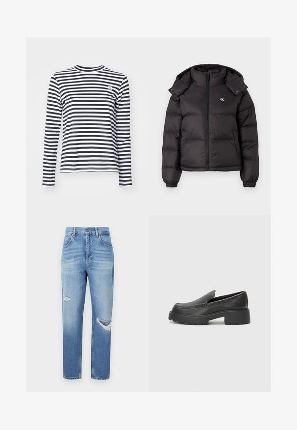Must must vest, mille kõrge kaelusega, lukuga ja tikkimisega logo rinnal. Omab elastseid mansette ja eemaldatavat kapuutsit.; Calvin Klein Jeans REGULAR LONG SLEEVED - Pikkade varrukatega topp - black/bright white; Heledad sinine teksapükste kõrge vöökoht, sirged sääred ja kulumise detailid ees. Omab klassikalist viietasku stiili.; Mustad nahast loafers ümarate varvastega, paksu tekstuuriga tald ja minimaalsete õmbluse detailidega. Viimistletud disain, kus pole nähtavaid paelu ega riistu.