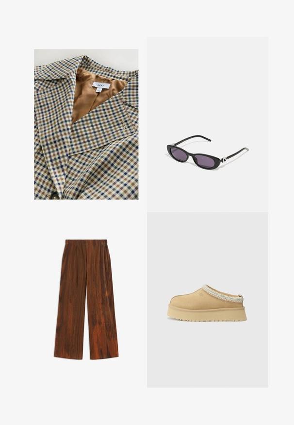 Ruudullinen bleiseri, jossa on vaaleanruskea vuori. Kuosi koostuu sinisistä, ruskeista ja kermaista ruudusta, kauluksessa on viilto ja napitus.; Harmaa neulecardigan pyöreällä kaula-aukolla, etuvihkimyspainikkeilla ja ribbadut hihansuut. Ominaisuuksiin kuuluu rento istuvuus ja pehmeä rakenne.; Kaksi tavallista valkoista pitkähihalaista crewneck-paitaa, kerrostettuna siten, että toinen on hieman edessä toista valkoisella taustalla.; Ruskeat leveät housut, joissa on poimutettu pinta, pystysuoria raitoja ja pehmeä viimeistely. Mukava elastinen vyötärö.; Vaaleanruskeat mokka-slip-on-kengät, joissa on pehmustettu kaulus ja teksturoitu vaaleansininen yksityiskohta. Ominaisuuksiin kuuluu paksu, kestävä pohja, jossa on kuvioitu kulutuspinta.; Gucci Aurinkolasit - black/grey; Tummanruskea mokkainen hobo-olkalaukku, jossa on leveä säädettävä nahkaremmi ja pehmeä, rosoinen muoto valkoista taustaa vasten.