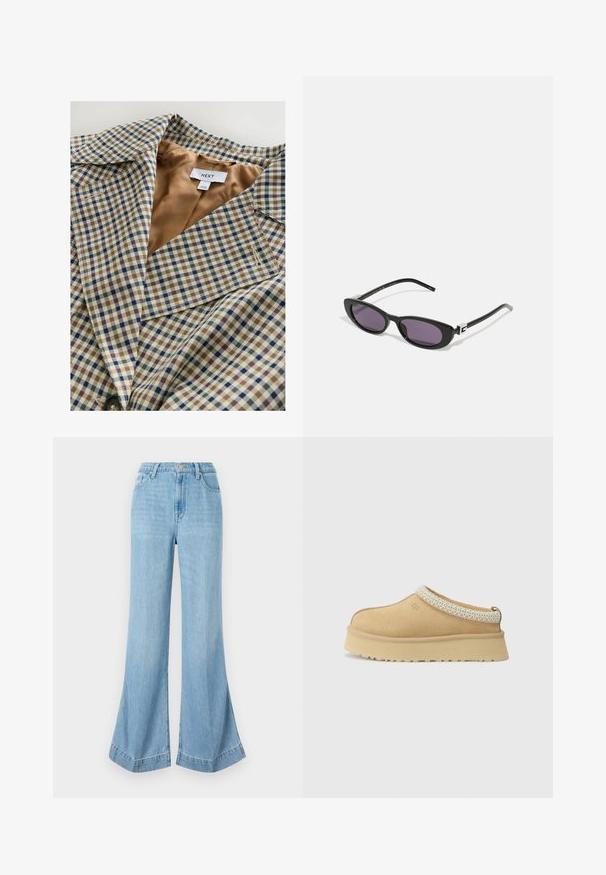 Blazer a scacchi con una leggera fodera color beige. Il motivo è composto da scacchi blu, marroni e crema, con colletto a punta e chiusura con bottone.; Cardigan grigio lavorato a maglia con collo rotondo, chiusura frontale con bottoni e polsini a coste. Presenta una vestibilità comoda e una consistenza morbida.; Due magliette bianche a maniche lunghe con scollo rotondo, sovrapposte con una leggermente più avanti dell'altra su uno sfondo bianco.; Jeans a gamba larga di un blu chiaro in denim, a vita alta con chiusura a bottoni, caratterizzati da una finitura pulita e orlo svasato con spacco laterale.; Scarpa slip-on in suede color sabbia con colletto imbottito e accento in tessuto blu chiaro testurizzato. Presenta una suola spessa e resistente con battistrada decorato.; Gucci Occhiali da sole - black/grey; Borsa a spalla hobo in suede marrone scuro con ampia tracolla in pelle regolabile e corpo morbido e sformato su sfondo bianco.