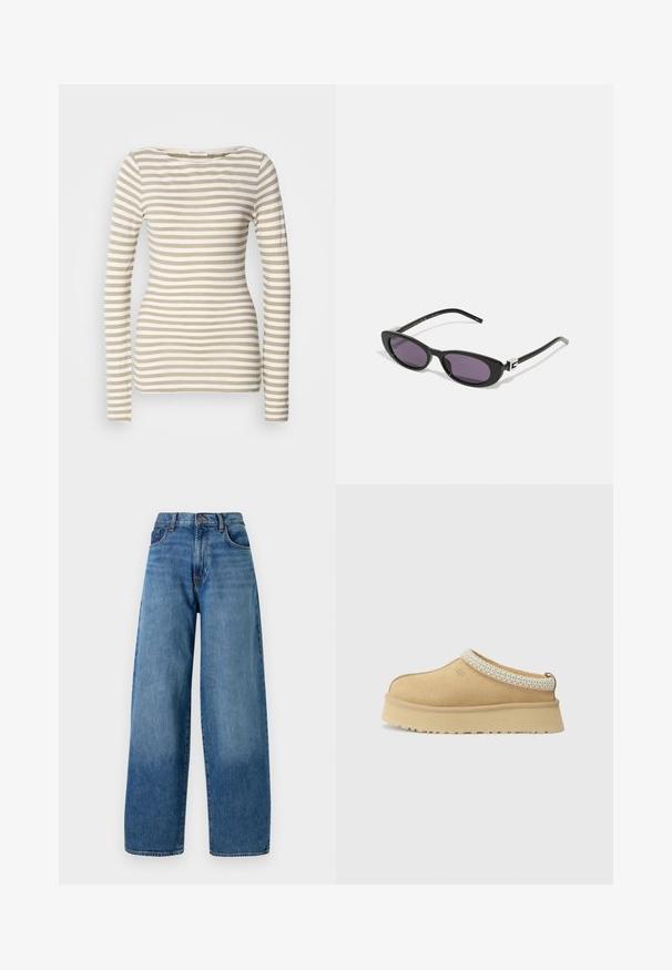 Karierter Blazer mit leicht beigem Innenfutter. Das Muster besteht aus blauen, braunen und cremefarbenen Karos, mit einem eingeschnittenen Kragen und einer Knopföffnung.; Grauer gestrickter Cardigan mit Rundhalsausschnitt, vorderer Knopfverschluss und gerippten Bündchen. Verfügt über eine lockere Passform und eine weiche Textur.; Langärmliges gestreiftes Oberteil in Beige und Weiß. Weicher Baumwollstoff mit einem Bootsausschnitt. Figurbetontes Design mit schmalen horizontalen Streifen.; Weite blaue Denim-Jeans mit klassischem Fünf-Taschen-Design. Mit Knopfverschluss und leichter Ausbleichung für eine angenehme Textur.; Beige Wildleder Slipper mit gepolstertem Kragen und strukturiertem hellblauen Akzent. Verfügt über eine dicke, strapazierfähige Außensohle mit gemusterter Profilierung.; Gucci Sonnenbrille - black/grey; Dunkelbraune Wildleder-Hobo-Schultertasche mit breitem, verstellbarem Ledertragegurt und weichem, lässigem Körper vor weißem Hintergrund.