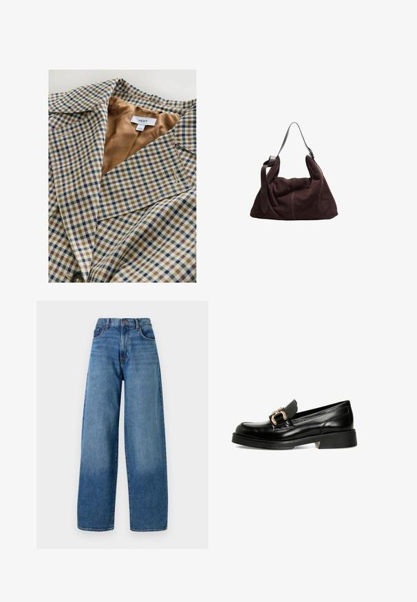 Karirani blazer z lahkim tan podloženjem. Vzorec vsebuje modre, rjave in smetanaste karirice, z izrezanim ovratnikom in gumbom za zapiranje.; Siv pleten kardigan z okroglim izrezom, spuščenimi rameni, zapenjanjem na gumbe in rebrastimi manšetami na rokavih ter robu.; Dve obične bele majice dolgih rokavov s krožnim izrezom, položené ena rahlo spredaj pred drugo, na beli podlagi.; Široke modre kavbojke z običajnim pet-pocket dizajnom. Imajo zasuk z gumbom in svetlo zbledelost za teksturo.; Črne usnjene loafer čevlje z okrasno zlatno zaponko. Imajo gladko površino, zaobljen nos in nizko blok peto z teksturirano podplatom.; Temno rjav sueden hobo torba za rame z širokim nastavljivim usnjenim trakom in mehkobo, udobno obliko na beli podlagi.