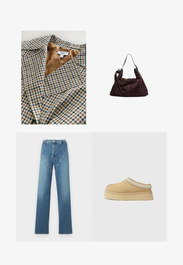 Blazer a scacchi con una leggera fodera color beige. Il motivo è composto da scacchi blu, marroni e crema, con colletto a punta e chiusura con bottone.; Cardigan grigio lavorato a maglia con scollo rotondo, spalle cadenti, chiusura con bottoni e polsini e orlo a coste.; Due magliette bianche a maniche lunghe con scollo rotondo, sovrapposte con una leggermente più avanti dell'altra su uno sfondo bianco.; Jeans azzurri a gamba dritta con vita alta, caratterizzati da cuciture curve a contrasto e cinque tasche. Realizzati in tessuto denim.; Scarpa slip-on in suede color sabbia con colletto imbottito e accento in tessuto blu chiaro testurizzato. Presenta una suola spessa e resistente con battistrada decorato.; Borsa a spalla hobo in suede marrone scuro con ampia tracolla in pelle regolabile e corpo morbido e sformato su sfondo bianco.