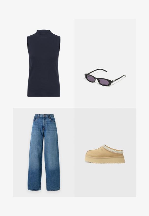 Rudesk blazer med en lys tan foring. Mønsteret består af blå, brun og kremfarvede tern, med en skarp krave og knaplukning.; Grå strikket cardigan med rund halsudskæring, sænkede skuldre, knaplukning og ribstrikkede manchetter ved ærmerne og i kanten.; Marineblå ærmeløs høj hals top lavet af ribbet stof, med en tætsiddende pasform og glat tekstur. Ingen synlige mønstre eller udsmykninger.; Bredde ben blå denimjeans med et klassisk fem-lomme design. Har en knaplukning og let falmning for tekstur.; Tan ruskind slip-on sko med en polstret krave og en tekstureret lyseblå accent. Har en tyk, holdbar ydersål med et mønstret slidbane.; Gucci Solbriller - black/grey; Mørkebrun ruskinds hobo skuldertaske med bred justerbar læderrem og blød, slaskende krop på hvid baggrund.