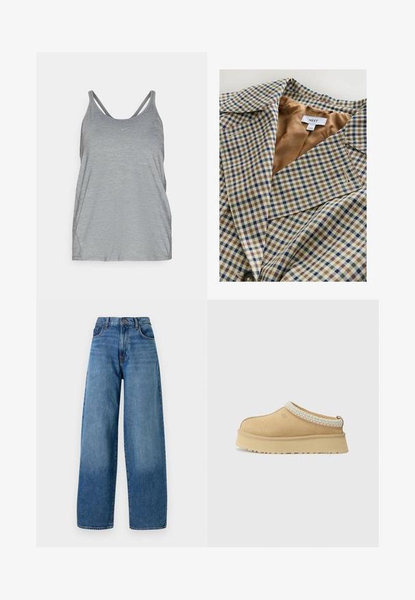 Rutigt kavaj med en ljus beige foder. Mönstret består av blå, bruna och krämfärgade rutor, med ett snedskuret krage och knäppning.; Grå stickad kofta med rund halsringning, sänkta axlar, knappstängning och ribbade muddar vid ärmar och fåll.; Grå atletisk linne med ett mjukt, texturerat tyg, som har en dubbelbanddesign och en liten Nike-logotyp på bröstet.; Breda byxor i blå denim med klassisk femficksdesign. Har ett knappstängning och lätt blekning för textur.; Tannfärgad mockasinkänga utan snörning med vadderad krage och texturerad ljusblå detalj. Har en tjock, slitstark sula med mönstrad däck.