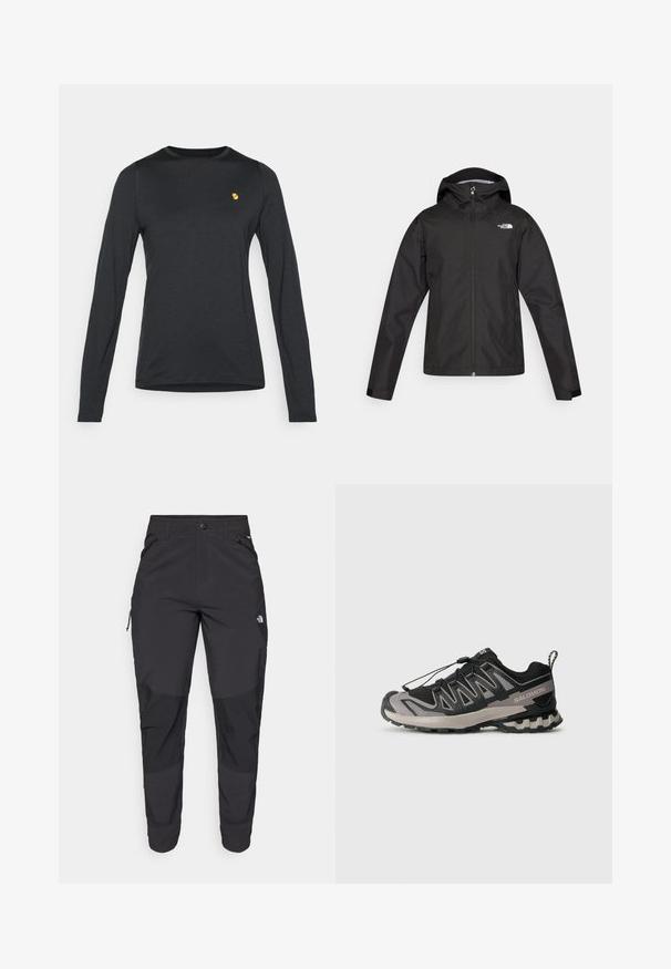 The North Face WHITON JACKET - Hardshell-jas - black; Zwart langemouwen shirt van zacht stof, met een ronde halslijn en een klein gouden logo op de borst.; Zwarte outdoorbroek gemaakt van duurzaam materiaal. Voorzien van ritszakken, versterkte knieën en een rechte snit voor optimale bewegingsvrijheid.; Zwart en grijs sportieve schoen met een bovenwerk van mesh, rubberen zool en een elastisch vetersysteem. Heeft een verstevigde neus en textuuraccenten.