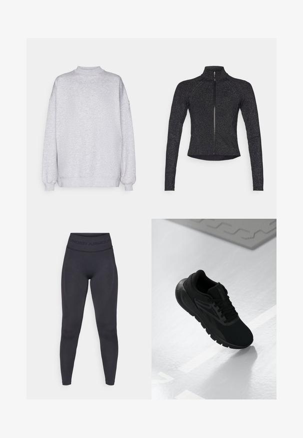 Svart sportsjakke med lange ermer, halv glidelås foran, strukturert stoff og subtil metallisk glans. Har en tettsittende design og høy krage.; Lys grå hettegenser, med rund halsdesign, lange ermer med ribbestrikkede mansjetter, myk tekstur, ingen synlige mønstre, minimalistisk utseende.; Sorte tights med høy elastisk liv med teksten "UNDER ARMOUR". Glatt tekstur med subtile mønsteraccents langs beina.; Sorte treningssko med mesh-overdel, rund tå, polstret såle og teksturerte detaljer, plassert på en glatt hvit overflate.