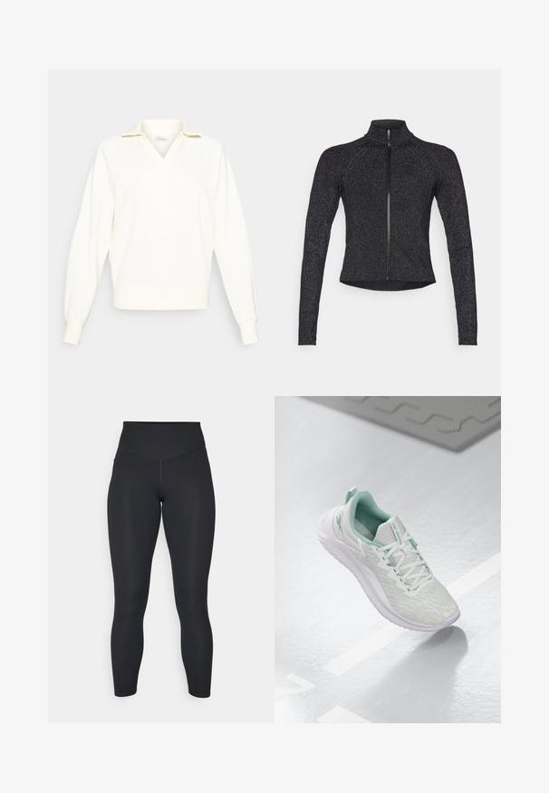 Casaco desportivo preto com mangas longas, fecho de meio zip na parte da frente, tecido texturizado e brilho metálico subtil. Apresenta um design ajustado e gola alta.; Sweatshirt branco com decote em V e colarinho curto. Apresenta mangas longas ligeiramente bufantes e punhos canelados na bainha.; Leggings pretos com cintura alta, textura suave e design justo. Apresentam costuras planas e cobertura total sem padrões.; Sapatilha atlética cinza claro com parte superior em malha texturizada, detalhes em verde menta, atacadores brancos, sola de borracha e etiqueta de puxar no calcanhar.