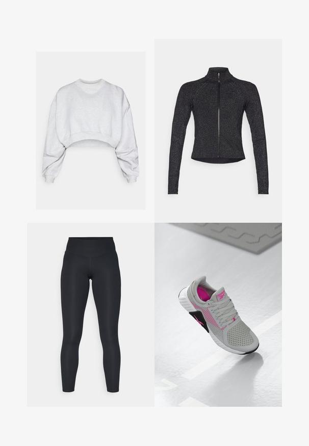 Černá sportovní bunda s dlouhými rukávy, polovičním zipem vpředu, strukturovanou tkaninou a jemným metalickým leskem. Má přiléhavý střih a vysoký límec.; Šedá zkrácená mikina vyrobená z měkkého materiálu, s kulatým výstřihem, pokleslými rameny a žebrovanými manžetami. Žádné viditelné vzory nebo loga.; Černé legíny vyrobené z elastického materiálu, s vysokým pasem, hladkou texturou a těsně přiléhavým střihem. Bez viditelných vzorů nebo kovových prvků.; Šedé a růžové sportovní tenisky Reebok s síťovaným svrškem a detailní podrážkou, vystavené na reflexním bílém povrchu.
