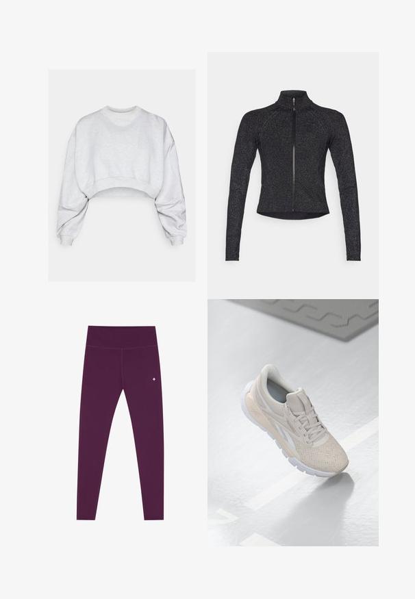Black sports jacket with long sleeves, half-zip front, textured fabric, and subtle metallic sheen. Features a fitted design and high collar.; Gray cropped sweatshirt made of soft fabric, featuring a round neckline, dropped shoulders, and ribbed cuffs. No visible patterns or logos.; Purple leggings with a wide, elastic waistband. Made of smooth, stretchy fabric with flat seams and a small logo on the lower side.; Light beige athletic shoe with a perforated upper, textured accents, padded collar, and white rubber sole, designed for comfort and breathability.