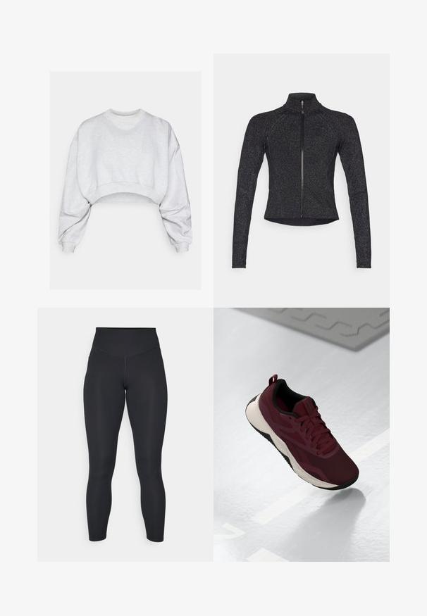 Jachetă sport neagră cu mâneci lungi, fermoar pe jumătate în față, țesătură texturată și o strălucire metalică subtilă. Prezintă un design ajustat și un guler înalt.; Hanorac scurt gri dintr-un material moale, cu guler rotund, umeri lăsați și manșete ribbate. Fără modele sau logo-uri vizibile.; Colanți negri cu talie înaltă, textură netedă și design ajustat. Prezintă cusături plate și o acoperire completă, fără modele.; Shoe sportiv maron cu parte superioară din plasă, accente negre și o talpă albă cu amortizare. Prezintă închidere cu șireturi și un manșon la călcâi.