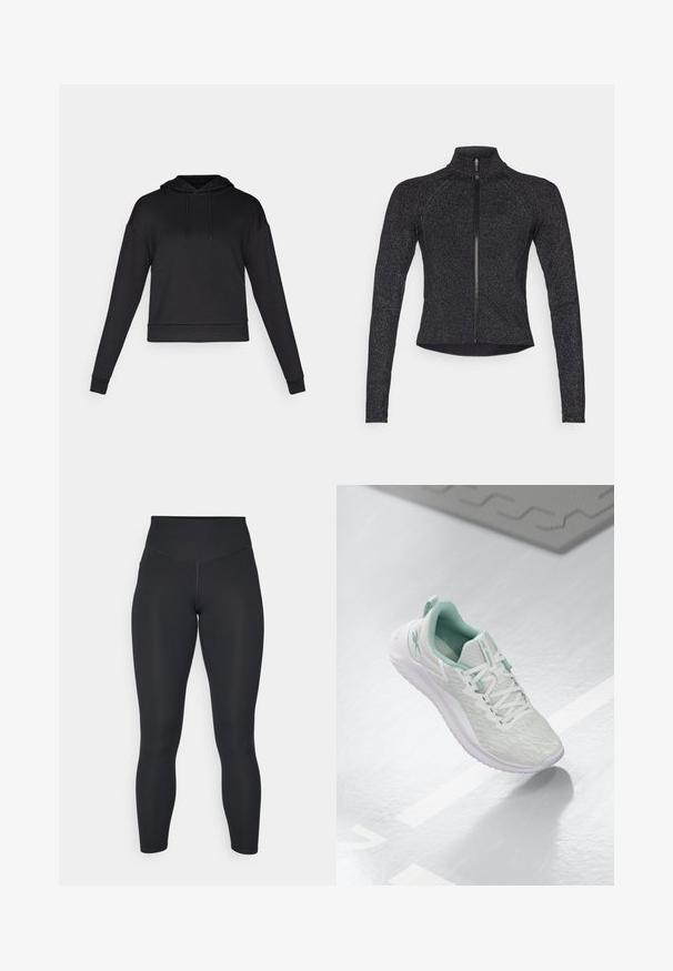 Melna sporta jakas ar garām piedurknēm, pussejas priekšpusē, teksturēts audums un smalka metāliska spīduma. Izceļas ar pieguļošu dizainu un augstu apkakli.; Melns kapucīns, izgatavots no mīksta auduma. Tam ir garas piedurknes, frontālā kabata un ribota apakšmal. Nav redzamu rakstu vai metāla elementu.; Melnas legingu bikses ar augstu jostasvietu, gludu tekstūru un pielāgotu dizainu. Iezīmē platas šuves un pilna garuma pārklājumu bez rakstiem.; Gaišpelēka sporta apava ar teksturētu trikotāžas augšu, mentolzaļiem akcentiem, baltām šņorēm, gumijas zoli un cilpu uz papēža.