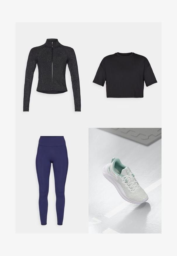Fekete sportzakó hosszú ujjakkal, fél cipzárral az elején, texturált anyagból, finom fémes fényével. Fitted fazon és magas nyak jellemzi.; Fekete rövidított póló puha anyagból, kerek nyakkivágással és rövid, széles ujjakra, egyszerű, varrás nélküli dizájnnal.; Tengerészeti magas derekú leggings rugalmas anyagból. Simító varratokkal és testhezálló fazonnal rendelkezik, két oldalsó zsebbel a tárolás érdekében.; Világosszürke sportcipő, texturált kötött felső réteggel, menta zöld kiegészítőkkel, fehér fűzőkkel, gumitalppal és húzófüllel a saroknál.