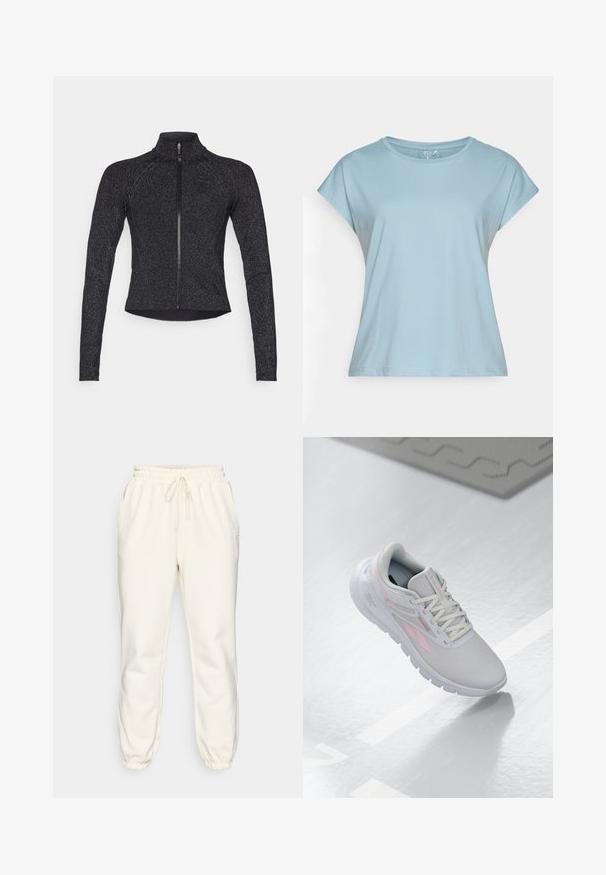 Giacca sportiva nera con maniche lunghe, chiusura frontale a mezza zip, tessuto testurizzato e un sottile lucido metallico. Presenta un design aderente e un colletto alto.; Maglietta a maniche corte blu chiaro realizzata in tessuto morbido. Caratterizzata da un collo rotondo, vestibilità rilassata e orli cuciti. Senza motivi o decorazioni.; Pantaloni della tuta color crema realizzati in tessuto morbido, con una vita elasticizzata con coulisse, tasche laterali e polsini aderenti alla caviglia.; Scarpa sportiva grigia chiara con accenti rosa, parte superiore in rete, punta arrotondata, suola imbottita e chiusura con lacci. La superficie è liscia e riflettente.