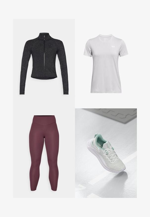 Giacca sportiva nera con maniche lunghe, chiusura frontale a mezza zip, tessuto testurizzato e un sottile lucido metallico. Presenta un design aderente e un colletto alto.; T-shirt atletico a maniche corte in tessuto grigio chiaro, con colletto girocollo e un piccolo logo bianco sulla parte superiore sinistra del petto. Texture morbida.; Leggings borgogna realizzati in tessuto elasticizzato; vita alta, design aderente, superficie liscia, cuciture senza soluzione di continuità e nessun motivo o dettaglio visibile.; Scarpa sportiva grigio chiaro con tomaia in maglia testurizzata, dettagli verde menta, lacci bianchi, suola in gomma e linguetta sul tallone.