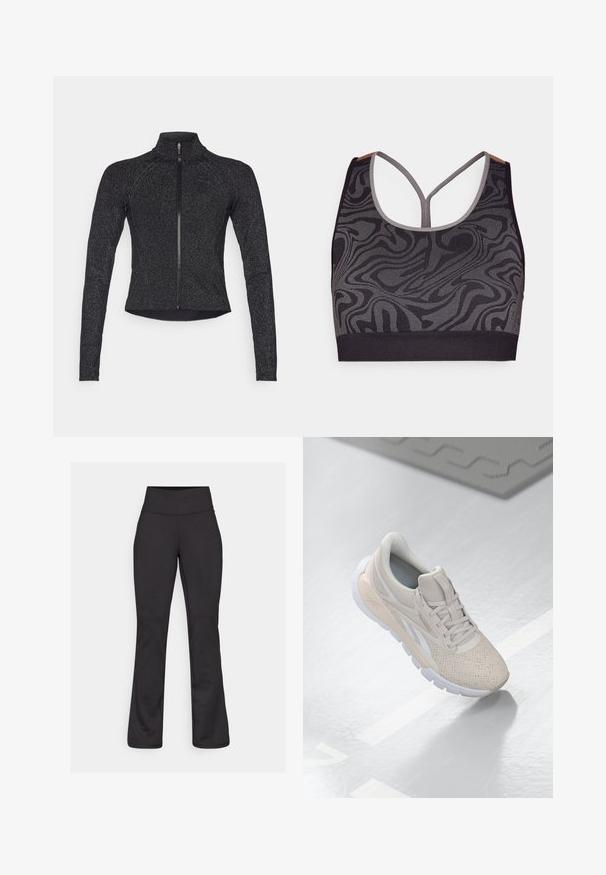 Black sports jacket with long sleeves, half-zip front, textured fabric, and subtle metallic sheen. Features a fitted design and high collar.; Black sports bra with gray swirling pattern, featuring a scoop neckline and racerback design. Made of textured knit fabric.; Black flared yoga pants made of stretchy material. High waistband, smooth texture, and no visible patterns or hardware details.; Light beige athletic shoe with a perforated upper, textured accents, padded collar, and white rubber sole, designed for comfort and breathability.