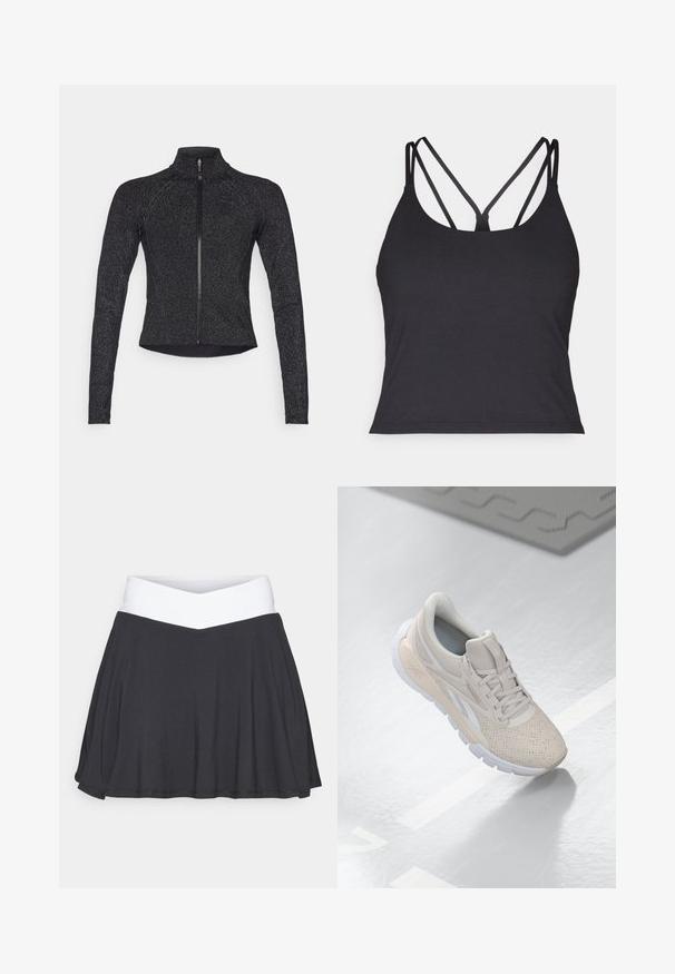 Veste de sport noire à manches longues, fermeture éclair mi-haute à l'avant, en tissu texturé et avec un léger éclat métallique. Présente un design ajusté et un col montant.; Débardeur noir avec de fines bretelles et un design croisé dans le dos. Fabriqué en matériau doux et extensible avec une silhouette ajustée.; Jupe-culotte noire avec une ceinture croisée blanche. Fabriquée en tissu doux et extensible, elle présente un design évasé avec une texture lisse.; Chaussure de sport beige clair avec une tige perforée, des accents texturés, un col rembourré et une semelle en caoutchouc blanche, conçue pour le confort et la respirabilité.