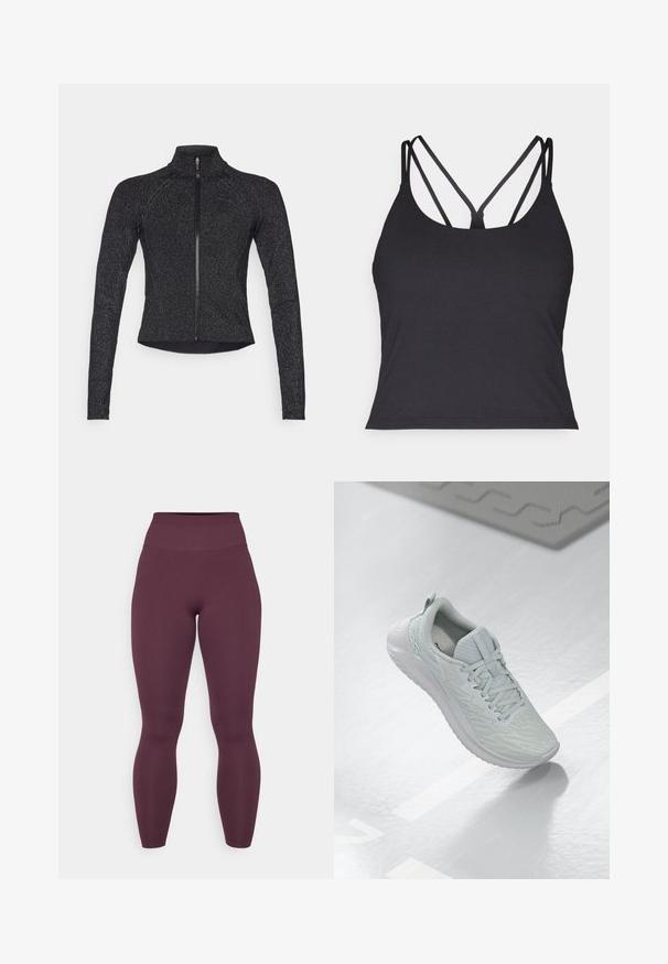 Čierna športová bunda s dlhými rukávmi, polovičným zipsom vpredu, štruktúrovanou tkaninou a jemným metalickým leskom. Má priliehavý strih a vysoký golier.; Čierny top bez rukávov so tenkými ramienkami a krížovým dizajnom na chrbte. Vyrobený z mäkkého, elastického materiálu s priliehavým strihom.; Bordeaux legíny s vysokým pásom vyrobené z hladkej, elastickej látky. Celoplošný strih, bezšvové pri páse, žiadne viditeľné kovania ani vzory.; Svetlosivé atletické topánky s textúrovaným sieťovaným zvrškom, viazaním, polstrovanou podrážkou a minimálnym brandingom.