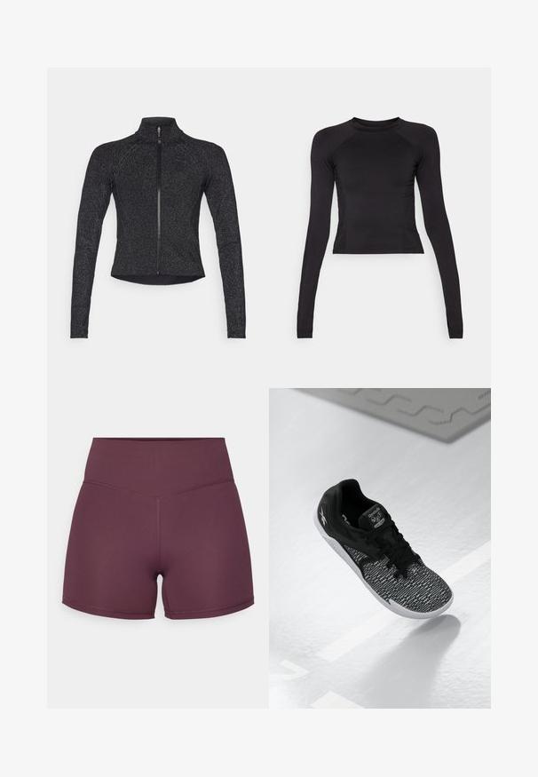 Must mustern kurk, pikaqidega, pool-zip ees, tekstureeritud kangas ja diskreetne metallne sära. Omab sobivat disaini ja kõrget kraed.; Must lõhikuga must crop-top pikkade varrukatega, valmistatud venivast kangast, ümarate kaeluste ja subtilliste soontega raglanvarrukatega.; Lilla sportlühikesed püksid venivast kangast, kõrge vöökohaga ja sujuva tekstuuriga, millel on vastandlike õmbluste detail.; Must värvitud spordijalanõud, millel on tekstuuriga, mustriga võrkkangas ülemine osa, mustad paelad ja valge tald. Esitleb Reebok'i brändingut keelel ja külgedel.