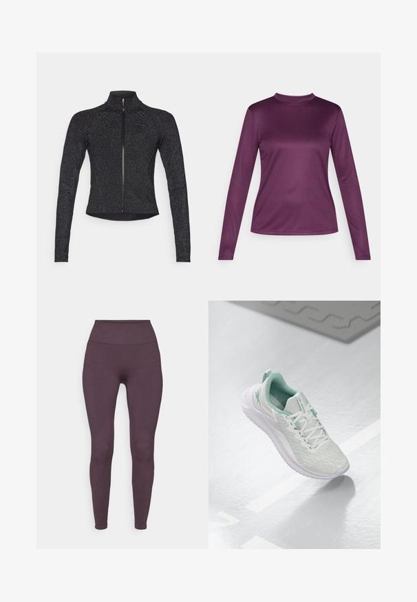 Black sports jacket with long sleeves, half-zip front, textured fabric, and subtle metallic sheen. Features a fitted design and high collar.; Long-sleeve top made of smooth, stretchy purple fabric with a mock neck design, featuring a fitted silhouette and flat seams.; Fabletics SEAMLESS HIGH WAISTED LEGGING - Leggings - deep plum; Light gray athletic shoe with a textured knit upper, mint green accents, white laces, rubber sole, and pull tab at the heel.