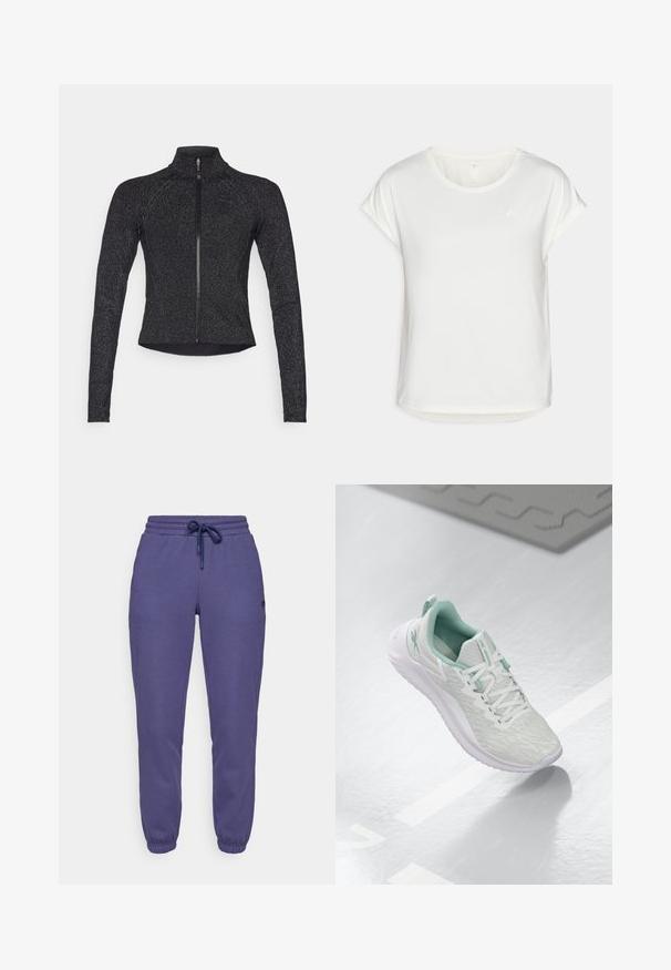 Chaqueta deportiva negra de manga larga, con cremallera frontal de medio largo, tejido texturizado y un sutil brillo metálico. Presenta un diseño entallado y un collar alto.; Camiseta blanca de manga corta con cuello redondo, hecha de una tela suave. Presenta mangas enrolladas y un sutil detalle del logo en el pecho.; Pantalones de chándal morados hechos de tela suave, con una cinturilla elástica y cordón ajustable, y con los bajos acampanados.; Zapatilla atlética gris claro con parte superior de punto texturizado, detalles en verde menta, cordones blancos, suela de goma y tira en el talón.